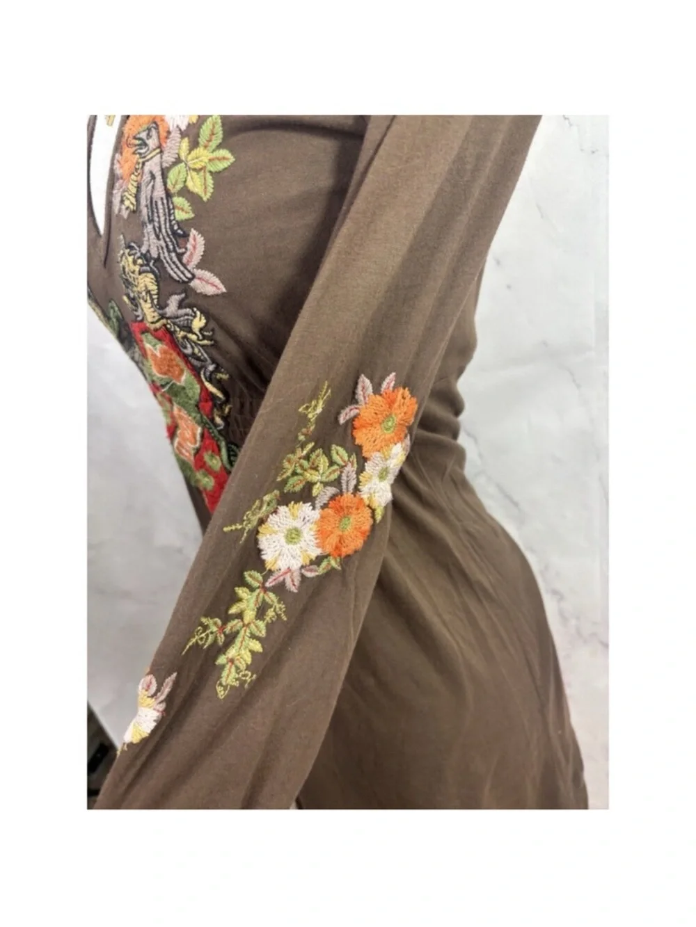 Johnny Was Brown Floral & Heart Embroidered V-Neck Long-Sleeve Dress - Picture 9 of 14